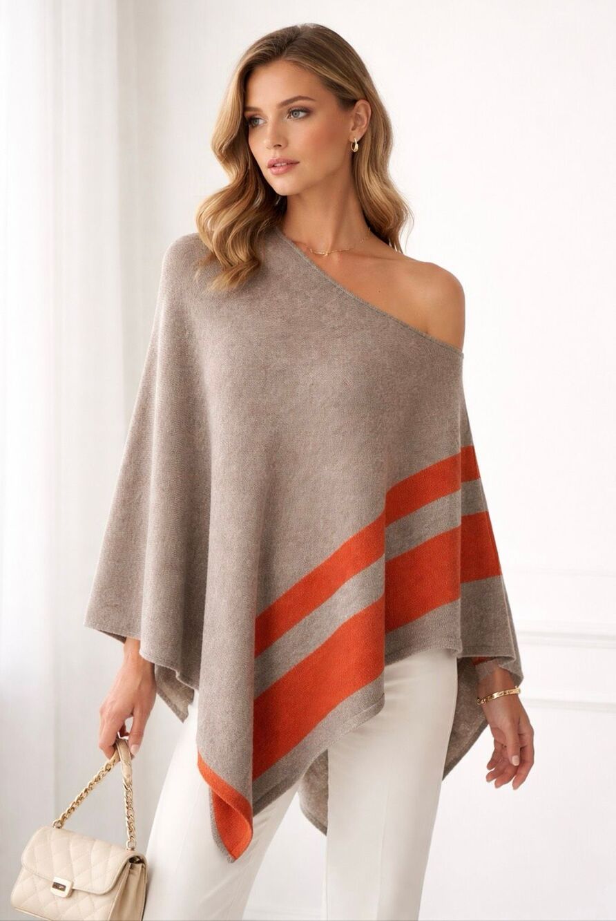 Celeste Wool Cashmere Colorblock Asymmetrical Poncho Cape Wrap One Size